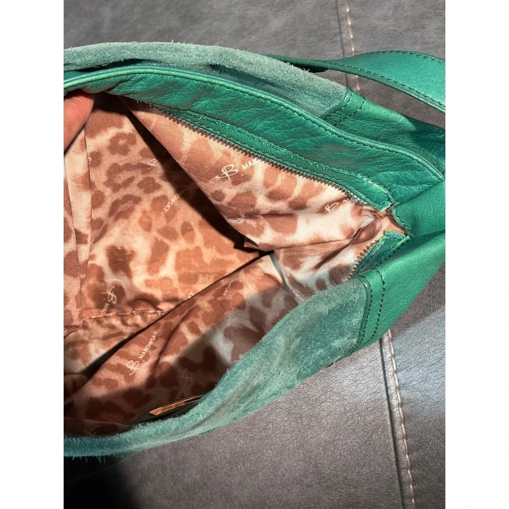 B. Makowsky Green Leather Suede Hobo Shoulder Bag Leopard Print Lining Gold Tone